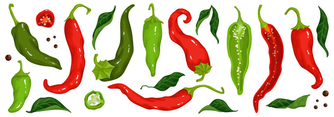 Set of green and red chili peppers, spicy vegetable halves and pieces.Vector graphics. - obrazy, fototapety, plakaty