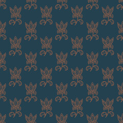 Seamless pattern for textiles and packaging. Outlines of a stylized flower on a dark blue background.