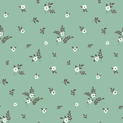 Seamless floral pattern, minimal ditsy print with small drawing plants on a blue field. Trendy surface design with little cute flowers, leaves in an abstract composition. Vector.