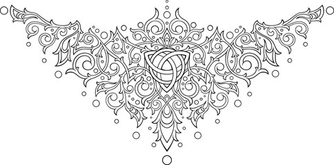 Victorian Gothic ornamental pattern with triquetra. Tattoo under breast, necklace, bracelet, on the back. Intricate design and decor. Highly detailed and accurate lines for print or engraving