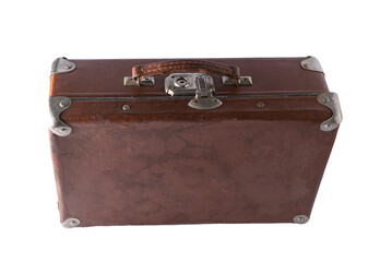 Old suitcase isolated on white background. Brown leather vintage suitcase with metal brackets on the corners and a lock. Baggage.