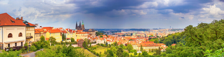Fototapeta na wymiar City summer landscape, panorama, banner - top view of the historical center of Prague, Czech Republic