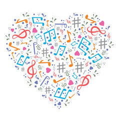 Musical heart with notes, vector isolated illustration