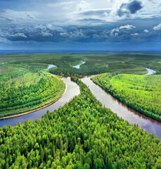 Bright summer landscape. Aerial photography of landscape in Western Siberia. Agan River, tributary of Ob River. Aerial view