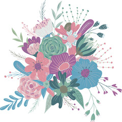 Wild and garden blooming flowers in vases. Bundle of bouquet. Decorative floral design elements. Flat 