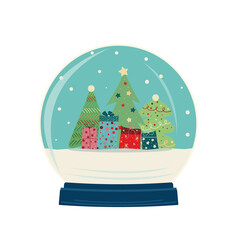 Christmas card. New Year snow globe with decorated Christmas trees and gifts, falling snow, blue background. 