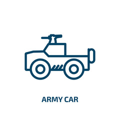 army car icon from army and war collection. Thin linear army car, army, transport outline icon isolated on white background. Line vector army car sign, symbol for web and mobile