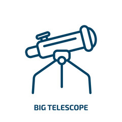 Naklejka premium big telescope icon from astronomy collection. Thin linear big telescope, space, planet outline icon isolated on white background. Line vector big telescope sign, symbol for web and mobile