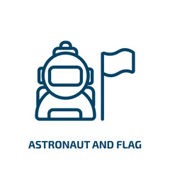 astronaut and flag icon from astronomy collection. Thin linear astronaut and flag, space, astronaut outline icon isolated on white background. Line vector astronaut and flag sign, symbol for web and