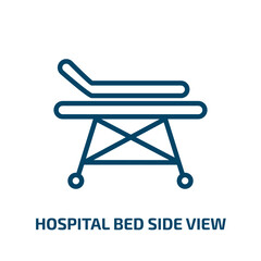 hospital bed side view icon from medical collection. Thin linear hospital bed side view, bed, view outline icon isolated on white background. Line vector hospital bed side view sign, symbol for web