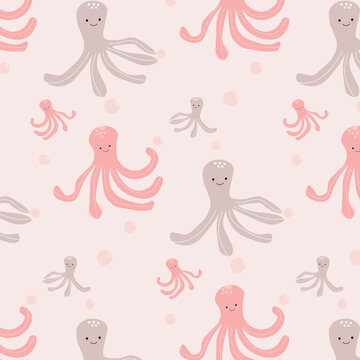 Cute funny octopus seamless pattern, texture, background, wallpapers, endless ornament, repeating print. Children clothing design with a marine animal with bubbles for textiles, wrapping paper, fabric