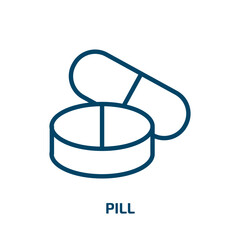 pill icon from medical collection. Thin linear pill, hospital, capsule outline icon isolated on white background. Line vector pill sign, symbol for web and mobile