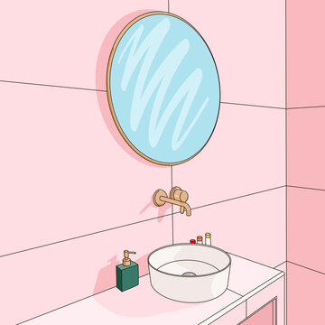 Pink bathroom with round mirror