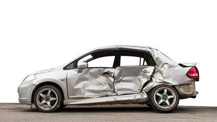 Isolate side of the car, the color of Braun White, which crashed with another car until it was...