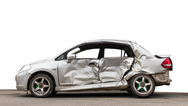 Isolate side of the car, the color of Braun White, which crashed with another car until it was demolished.