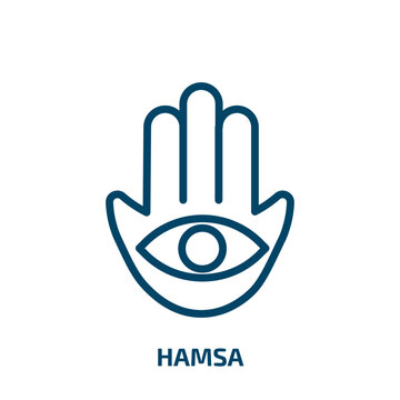 hamsa icon from religion collection. Thin linear hamsa, hand, spiritual outline icon isolated on white background. Line vector hamsa sign, symbol for web and mobile
