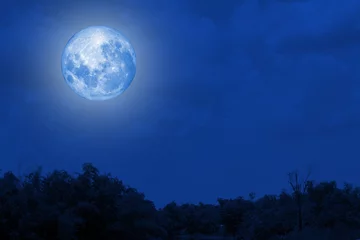 Afwasbaar behang Volle maan en bomen NASA-maan en blauwe meerrivier