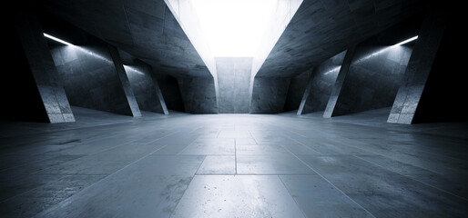 Sci Fi Futuristic Alien Spaceship Concrete Cement Asphalt Realistic Tunnel Corridor Hallway Showroom Warehouse Studio Underground Hangar Garage 3D Rendering - obrazy, fototapety, plakaty