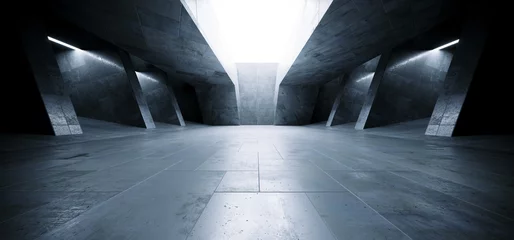 Sci Fi Futuristisches Alien-Raumschiff Betonzement Asphalt Realistischer Tunnel Korridor Flur Ausstellungsraum Lager Studio Unterirdischer Hangar Garage 3D-Rendering © IM_VISUALS