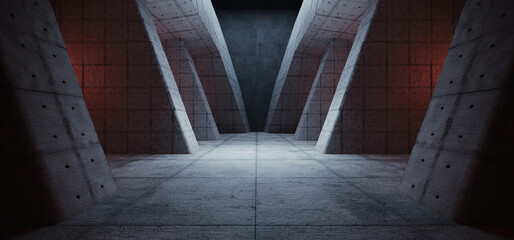 Sci Fi Futuristic Triangle Spaceship Cold Warm Lights Concrete Cement Asphalt Realistic Tunnel Corridor Hallway Showroom Warehouse Studio Underground Hangar Garage 3D Rendering
