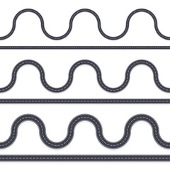 Road template set. High view. Straight and curve asphalt highway. Winding path or route. Vector illustration. 