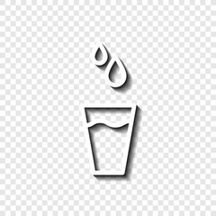 Glass with water, water drops simple icon vector. Flat design. White with shadow on transparent grid.ai