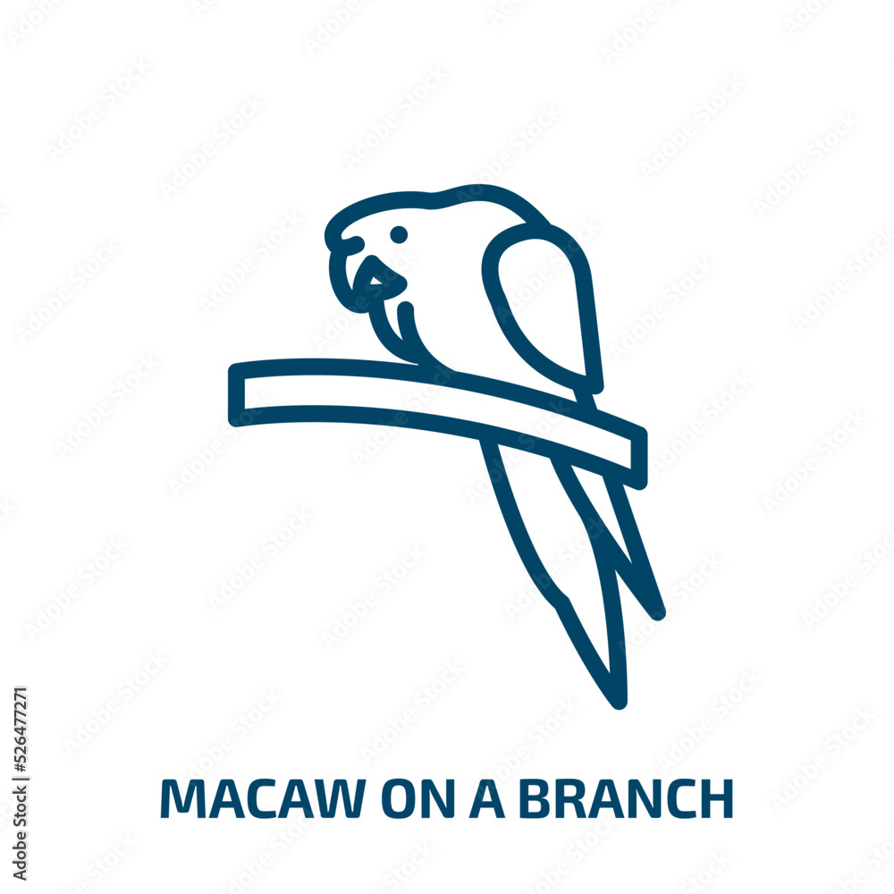 Poster macaw on a branch icon from culture collection. thin linear macaw on a branch, macaw, feather outlin