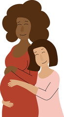 Happy women hugging. Pregnant afro female. Lesbian interracial couple.  lgbt family