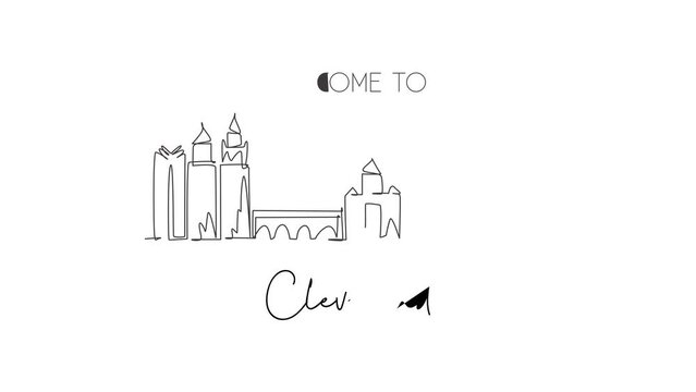 Animated self drawing of one continuous line draw Cleveland city skyline, Ohio. Beautiful landmark. World landscape tourism travel home wall decor poster print art. Full length single line animation.