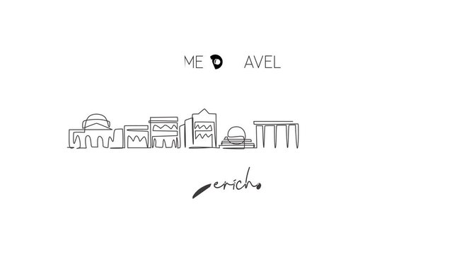 Animation of one single line drawing of Jericho city skyline, Palestine. Town landscape for home wall decor poster. Best holiday destination. Continuous line self draw animated. Full length motion.
