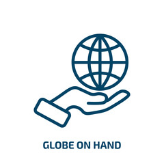 globe on hand icon from ecology collection. Thin linear globe on hand, hand, globe outline icon isolated on white background. Line vector globe on hand sign, symbol for web and mobile