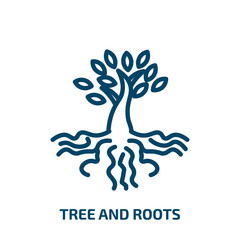 tree and roots icon from ecology collection. Thin linear tree and roots, tree, roots outline icon isolated on white background. Line vector tree and roots sign, symbol for web and mobile