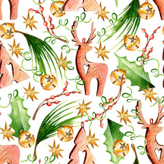 Seamless watercolor pattern. Hand drawn vintage wooden toys, serpentine, holly leaves and berries, twigs with red berries, Christmas tree branches and stars on a white background. 