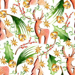 Seamless watercolor pattern. Hand drawn vintage wooden toys, serpentine, holly leaves and berries, twigs with red berries, Christmas tree branches and stars on a white background. 