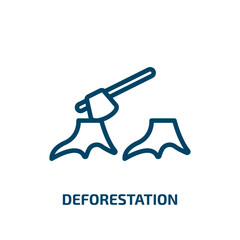 deforestation icon from nature collection. Thin linear deforestation, tree, axe outline icon isolated on white background. Line vector deforestation sign, symbol for web and mobile