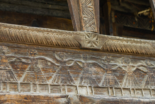 wood carvings of traditional himachali indian ancient temple symbolic to the architecture of himachal pradesh.