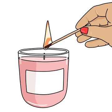 Close up Illustration of a Hand with Burning Match Lighting a Pink Candle with Blank Label Copy Space. Isolated on White Background. Autumn Cozy Fall Mood for Thanksgiving or Halloween