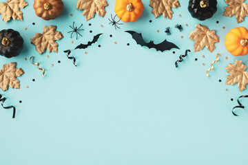 Halloween holiday background with party decorations of pumpkins, bats, spiders on blue top view....