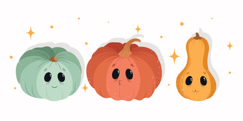 Obraz na płótnie Canvas Set of cute pumpkins for Halloween, cute smiling pumpkins, ready-made vector pumpkins banner, autumn pumpkins in hand drawn style