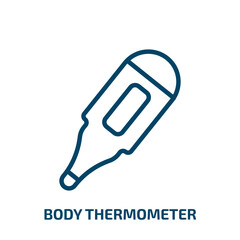 body thermometer icon from tools and utensils collection. Thin linear body thermometer, medical, body outline icon isolated on white background. Line vector body thermometer sign, symbol for web and