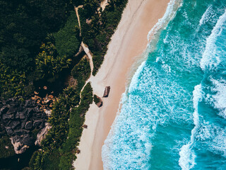 Amazing bird eye view with a beach on La Digue island, Seychelles - 526481693