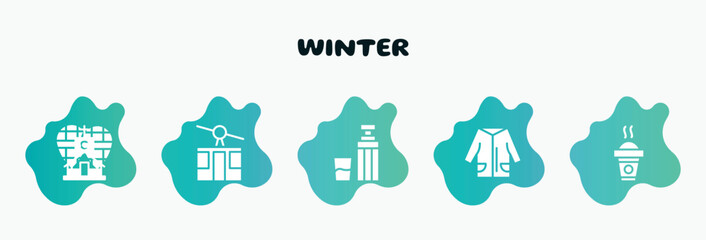 winter filled icons set. flat icons such as ski lift, themos flask, winter clothes, hot drink, snowshoes icon collection. can be used web and mobile.