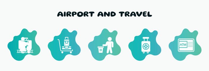 airport and travel filled icons set. flat icons such as luggage trolley, use bin, medical, automated teller hine, baggage claim icon collection. can be used web and mobile.
