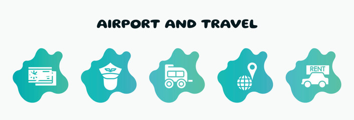 airport and travel filled icons set. flat icons such as pilot of airplane, two window carriage, geolocated place, rent a car, aviation icon collection. can be used web and mobile.