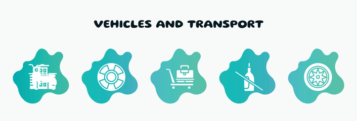 vehicles and transport filled icons set. flat icons such as life bouy, baggage transportation over wheels cart, no drink, car parts, sidecar icon collection. can be used web and mobile.