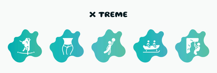 x treme filled icons set. flat icons such as slim body, team player, bobsledding, abseiling, highlining icon collection. can be used web and mobile.