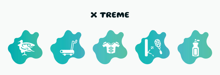 x treme filled icons set. flat icons such as treadmill hine, protections, squash, sport bottle, canoeing icon collection. can be used web and mobile.