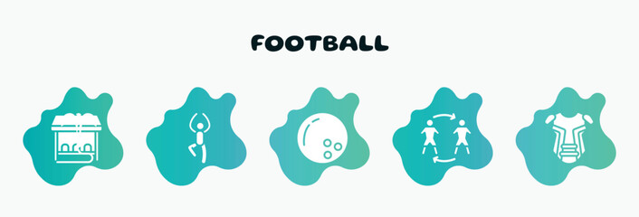football filled icons set. flat icons such as yoga pose, bowling ball, substitute, chest guard, team bench icon collection. can be used web and mobile.