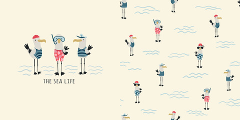 Fototapeta na wymiar The sea life. T-shirt design and seamless pattern for kids