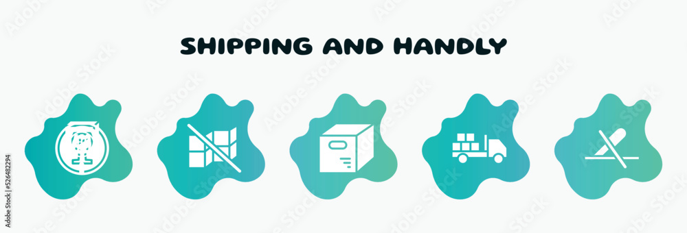 Aufkleber shipping and handly filled icons set. flat icons such as do not stack, opened packaged, loaded truck